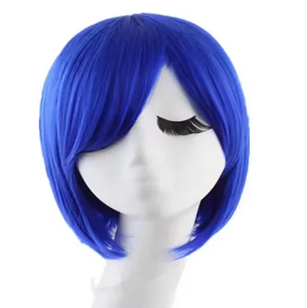 Short Bob Wig Wavy Diamond Blue Inclined Bangs Hair Synthetic Heat Resistant Costume Carnival Cos-play Hairpiece