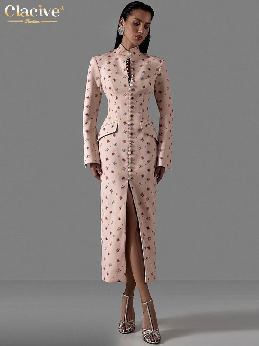 

Clacive Fashion Slim Print Women's Dress 2026 Vintage Stand Collar Long Sleeve Midi Dresses Elegant Classic Slit Femlae Dress