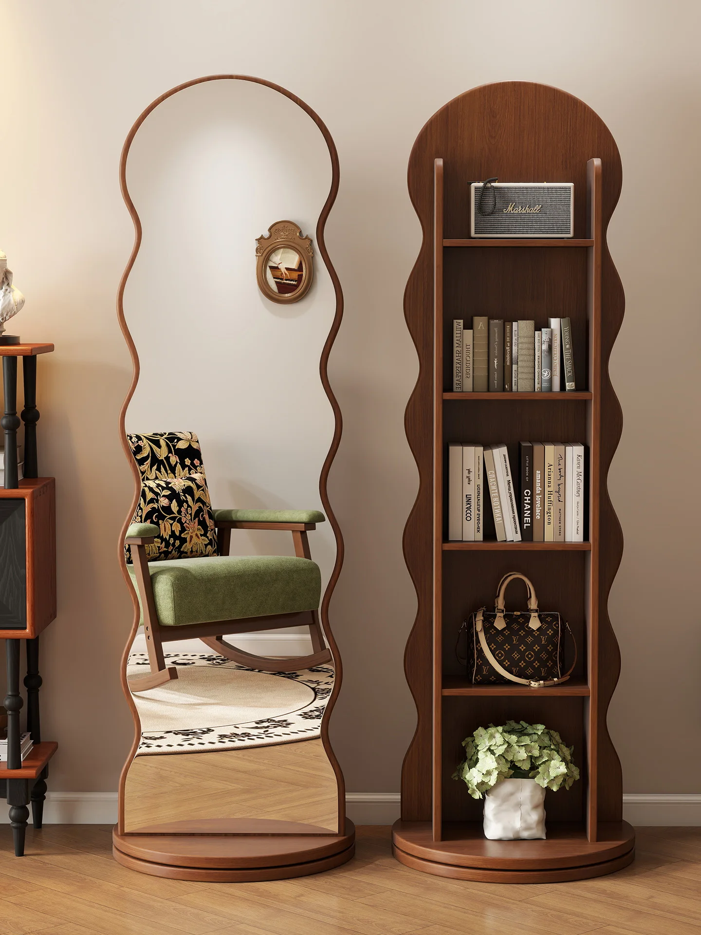 Rotating full body floor mirror Home magazine rack Storage integrated large fitting mirror