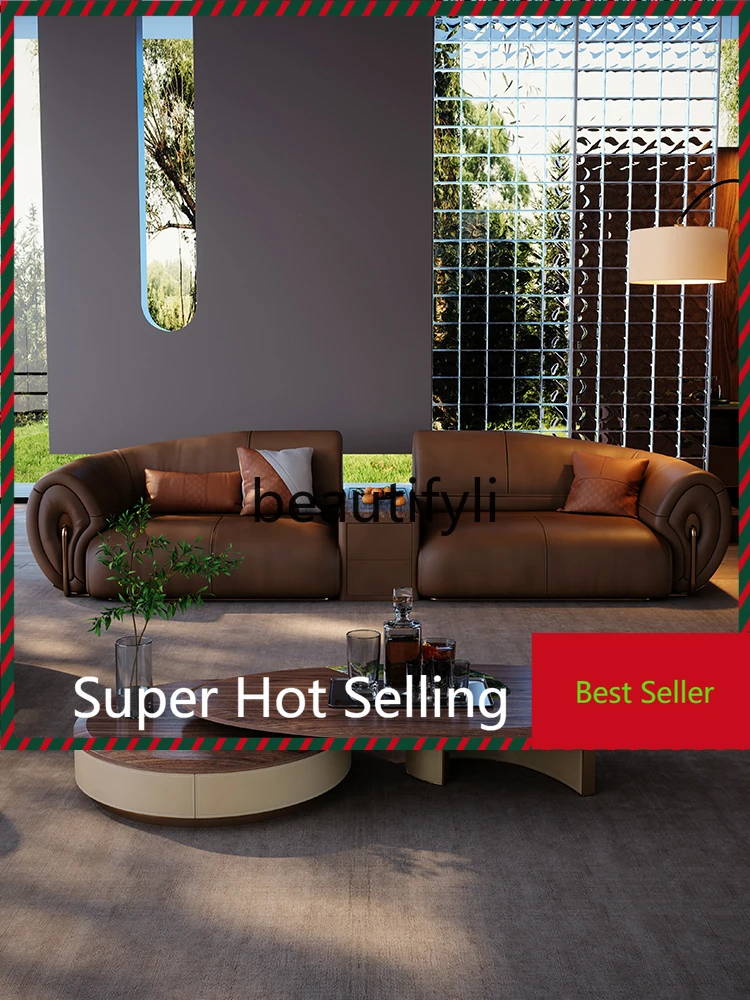 A71Leather sofa Italian minimalist flat-floor villa living room designer light luxury straight-row sofa