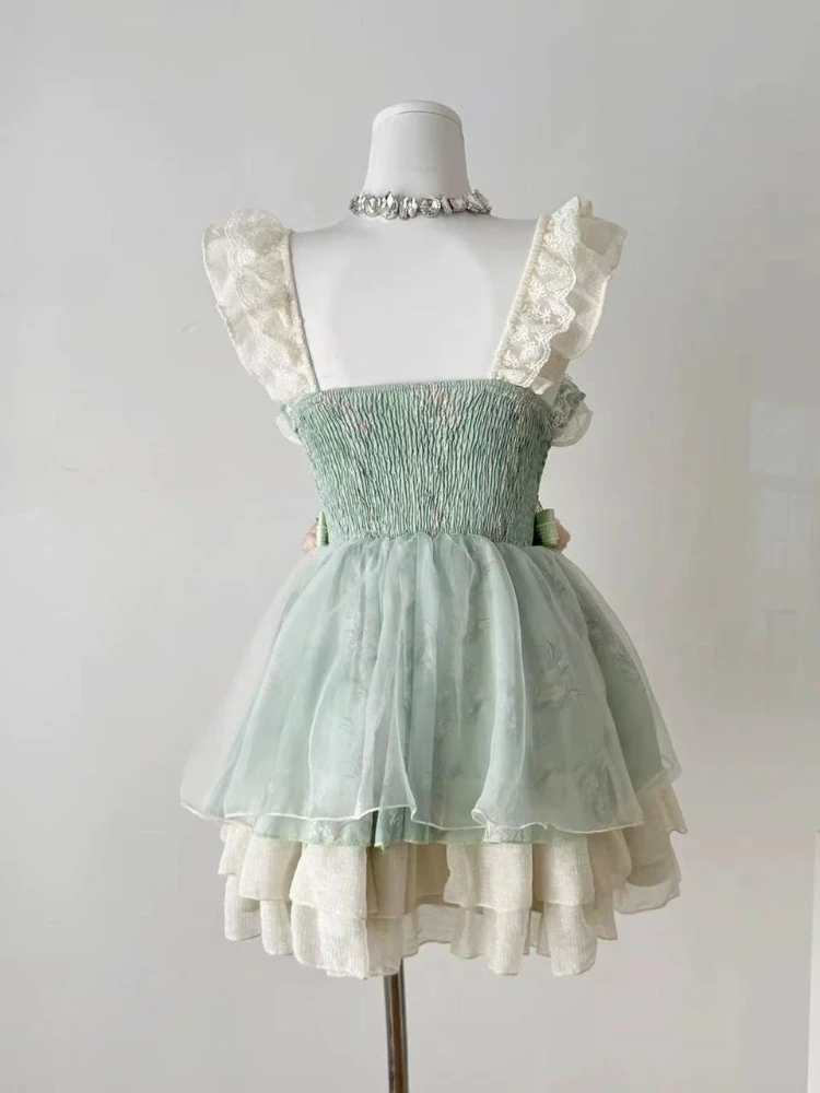 Abito da festa di compleanno verde chic coreano donna estate nuova vita dolce abiti corti sottili abiti Lolita fata dei fiori giapponese 2025