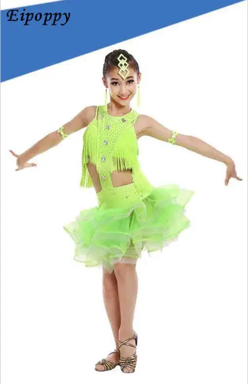 กระโปรงเต้นรำละตินสำหรับเด็กผู้หญิงเสื้อผ้าสำหรับออกกำลังกายชุดเชียร์ลีดเดอร์แข่งขัน