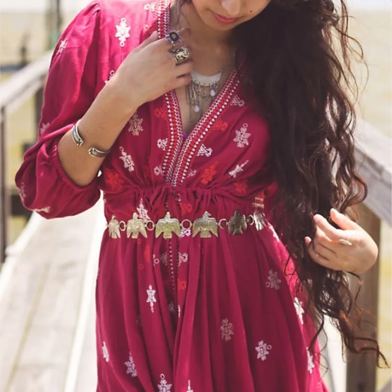 2025 Holiday Stargazer Mini abito ricamato con scollo a V Abito sexy da donna Vita regolabile Manica 3/4 Subtil Hi-Lo Hem Boho Abiti