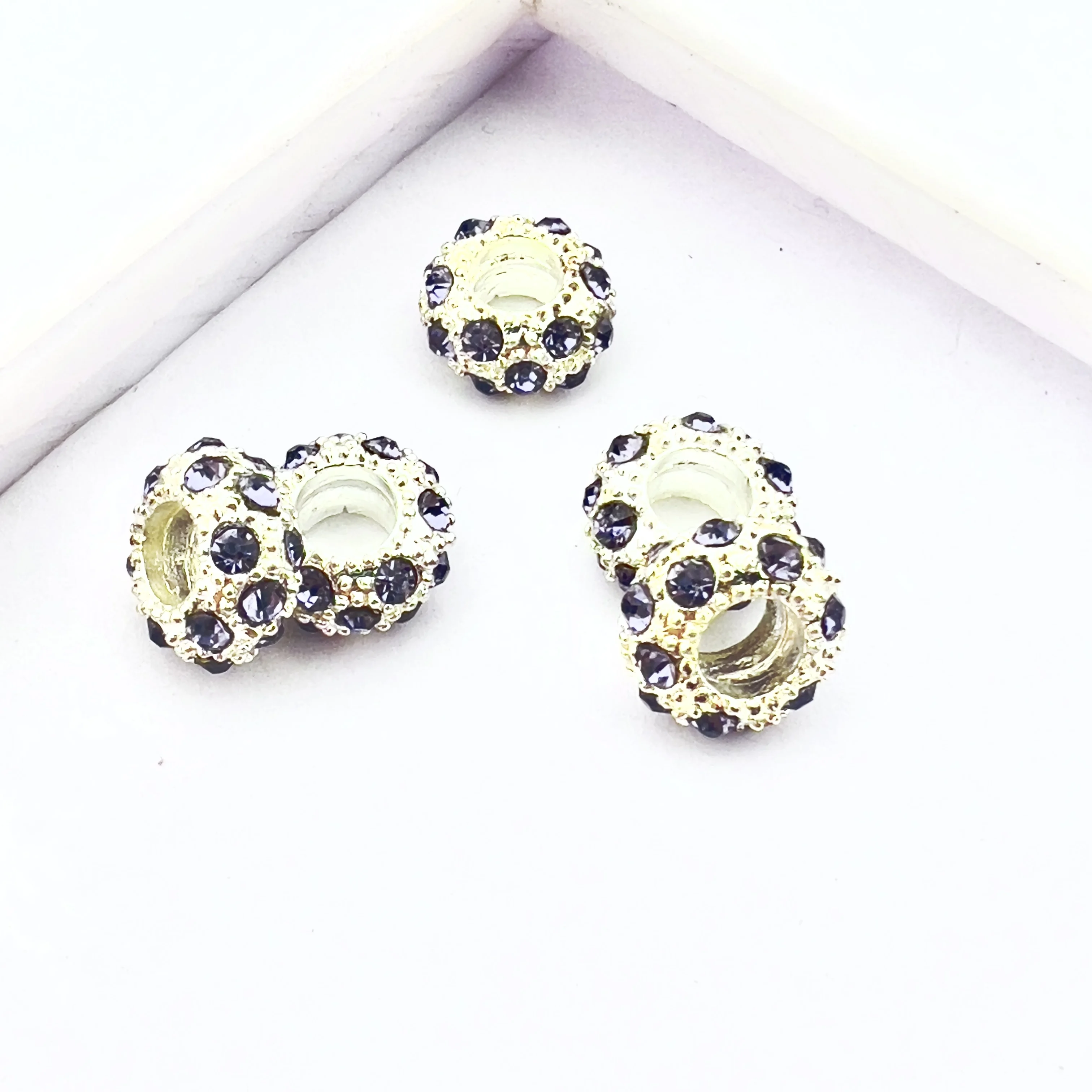 10PCS DIY electroplated alloy large hole bead silver inlaid diamond 5MM hole