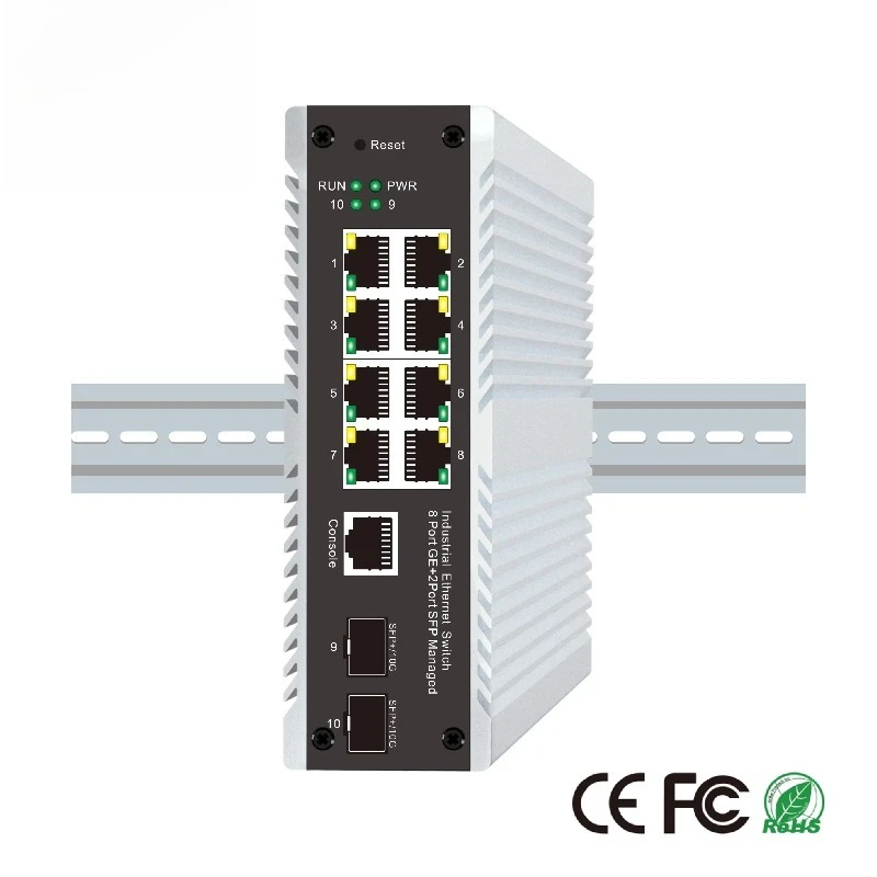 8-port RJ45 Industrial Grade Management Switch, 2-port SFP, IP40 protection Level, High-temperature Resistant Dual Power Supply