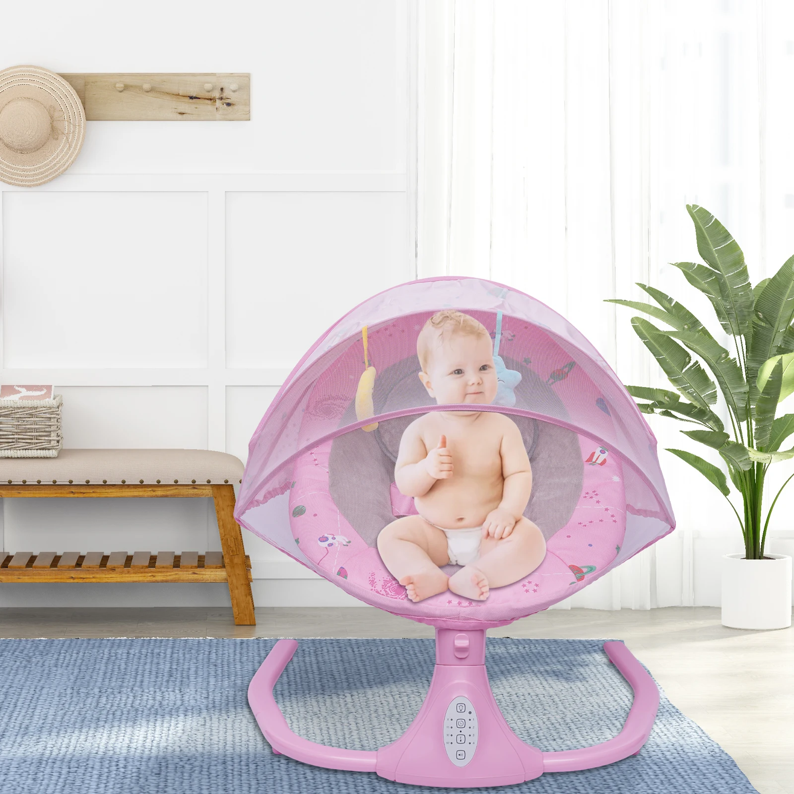 Baby Electric Cradling Bouncer w/Removable Crib Netting, Harness, Bluetooth & USB,  w/4 Swing Amplitudes & Timing Function