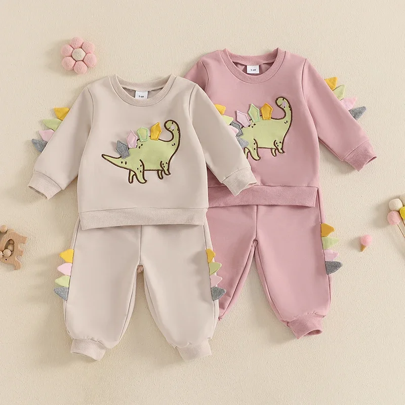 SUNSIOM Conjunto de ropa de 2 piezas para niños y niñas con bordado de dinosaurio, sudaderas de manga larga y pantalones largos