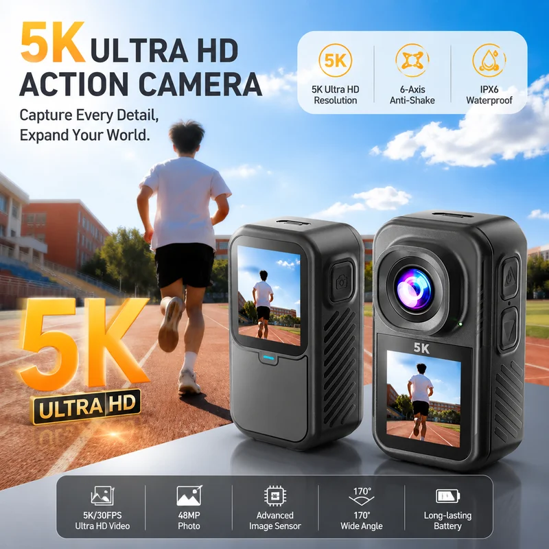 5K Thumb Action Camera Anti‑Shake Dual‑Screen Waterproof Magnetic Neck Mount Vlog Camcorder Outdoor Sports Mini Video Recorder