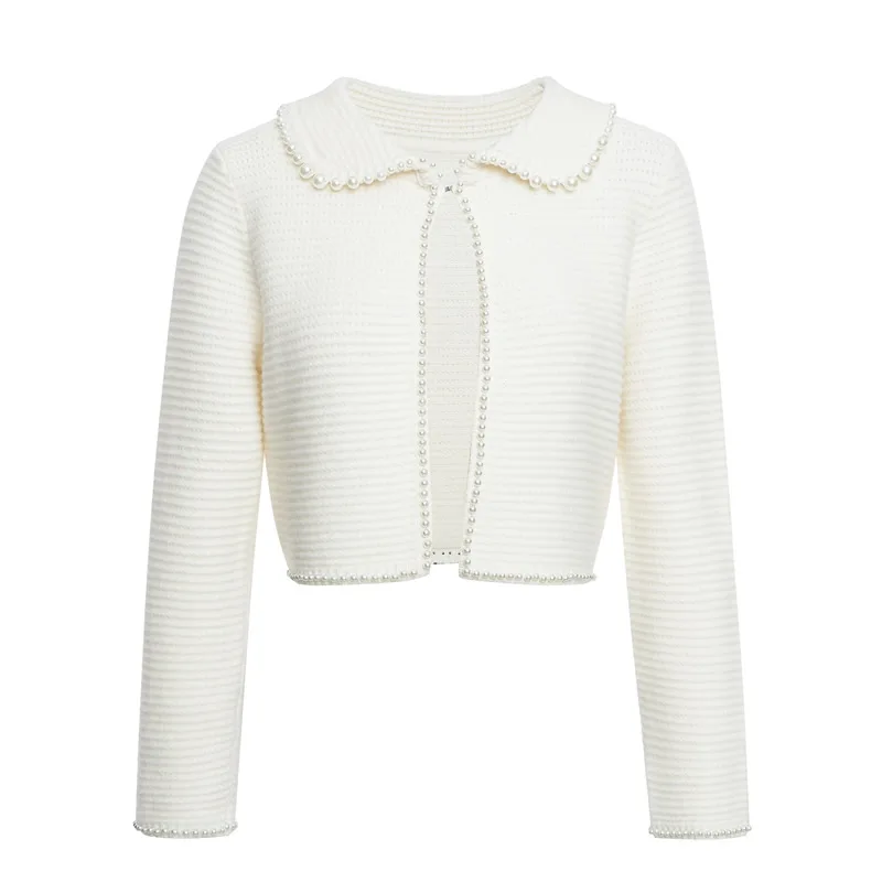 

Women Knitted Cotton Long Sleeve Cardigan White Pearl Cardigan