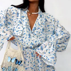 Summer Blue Flower Print Women's Pajamas Long-sleeved Ruffles Pants Short 2Pcs Outfit Pyjama Sleepwear Nightwear 100% Polyester
