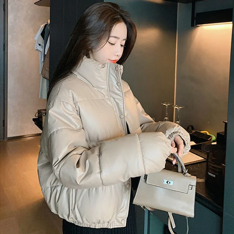 

Women's Winter Jacket Thick Warm Short Parkas Fashion Black Pu Leather Coat Women Elegant Zipper Cotton Jackets Female Ladies