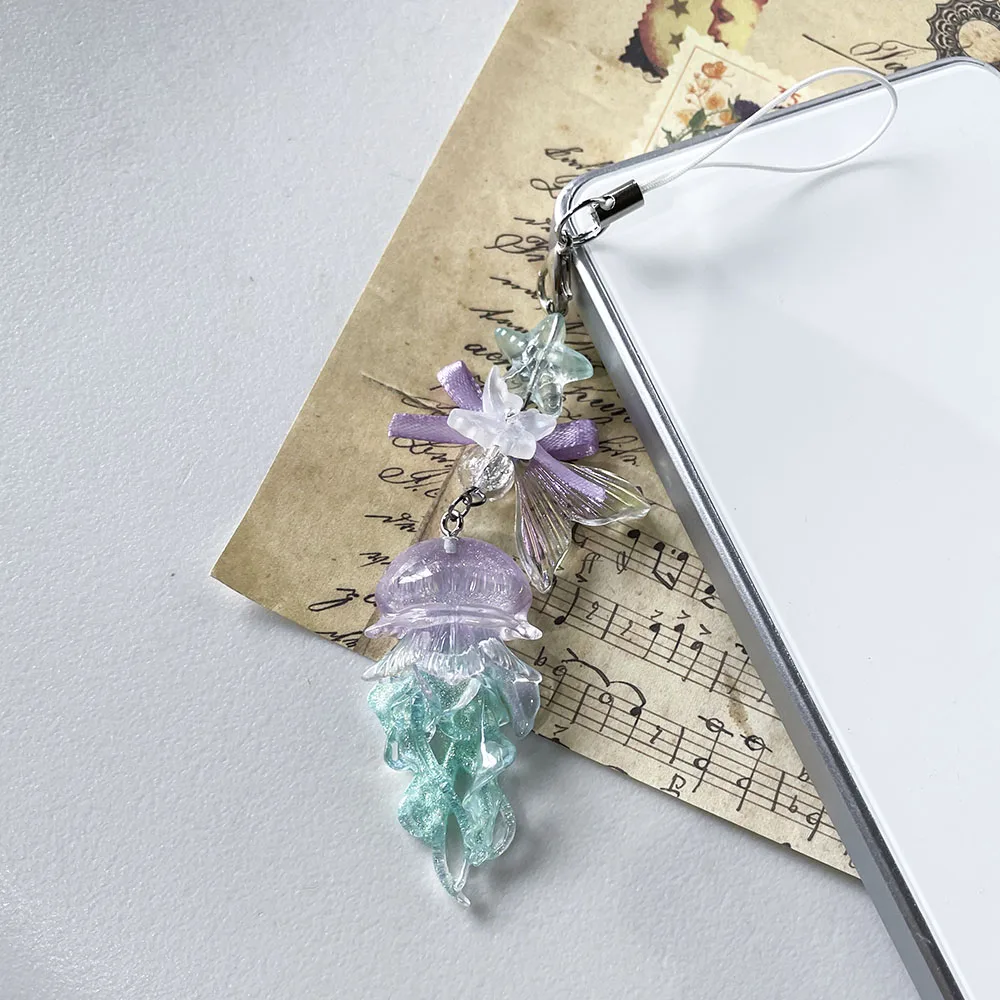 Purple Cyan Jellyfish Phone Chain Charm Fairycore Starfish Mermaid Fishtail Bow Bead Keychain Strap Car Key Camera Decor Gift