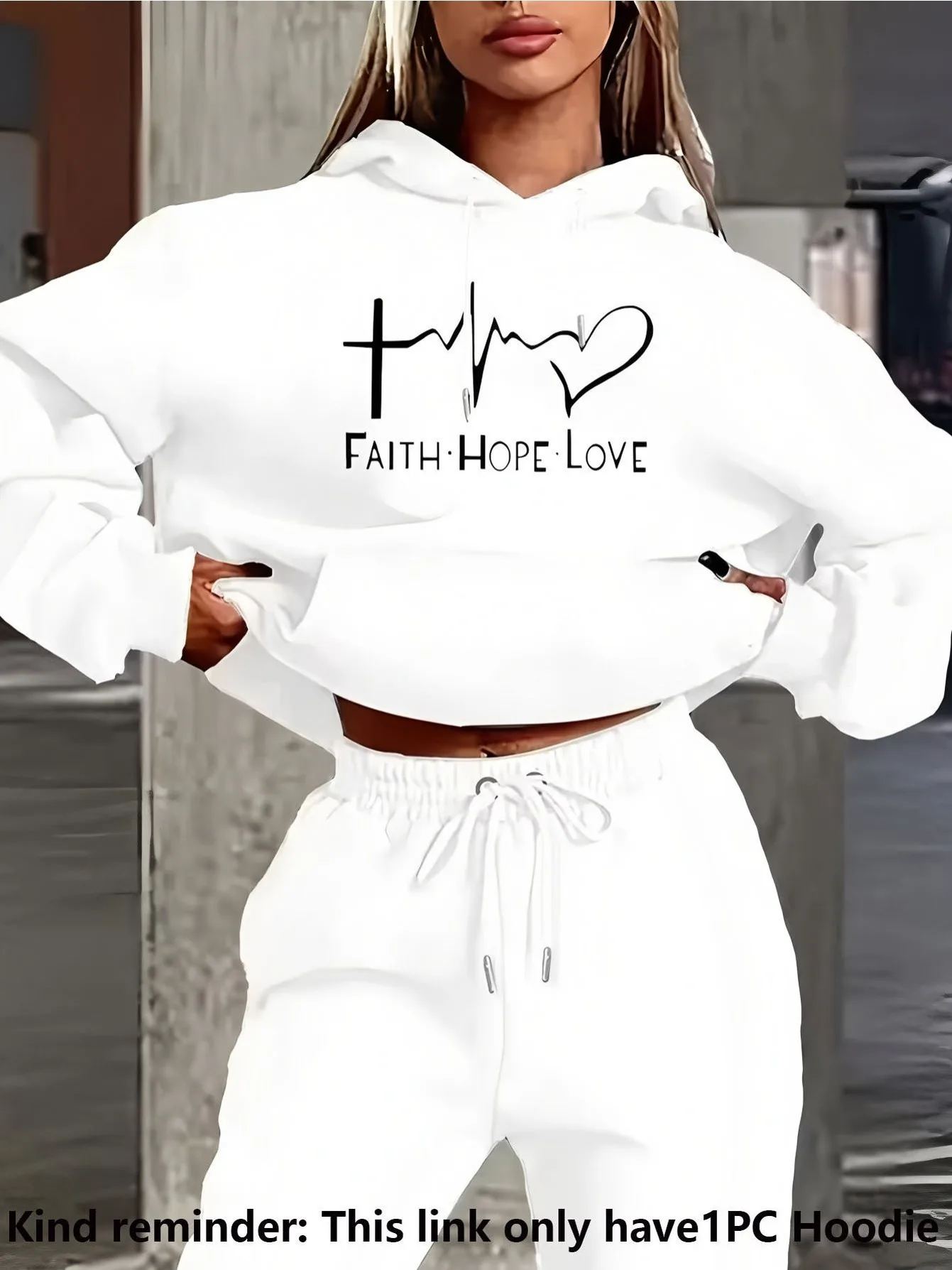 Women Spring Autumn White Hoodie Front Cross Heartbeat Heart FAITH HOPE LOVE Letter Print Loose Drop Shoulder Long Sleeve Casual Sweatshirt for Daily Commute Wear
