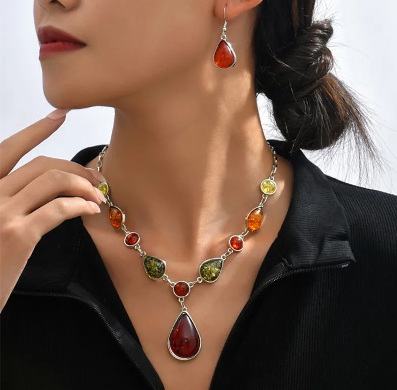 Kymyad Elegant Women Jewelry Colorful Resin Stone Jewelry Sets Vintage Geometric Square Water Drop Pendant Necklace Earring Sets