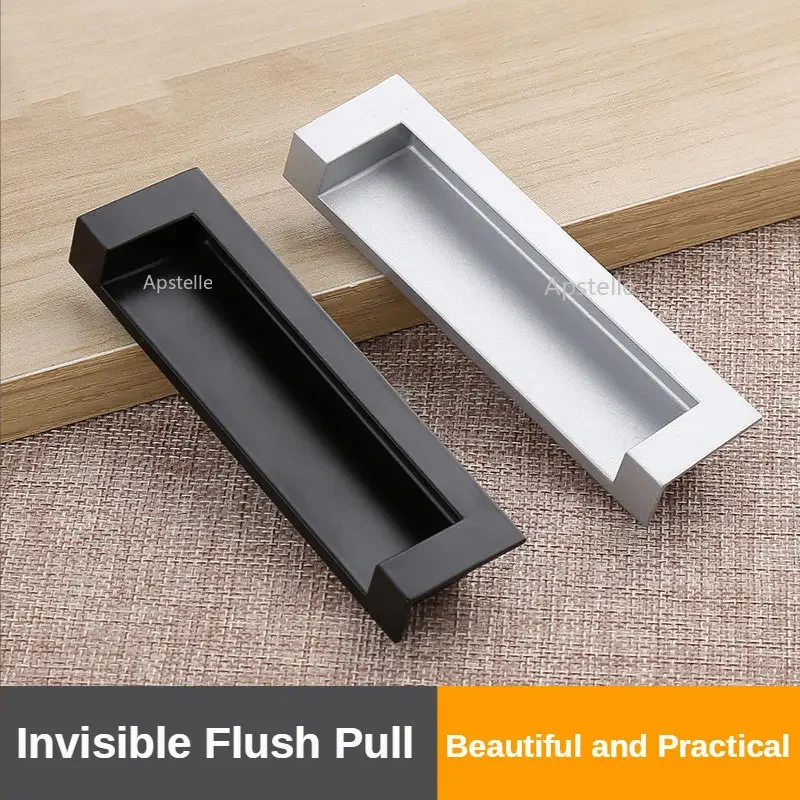 Black Simple Sliding Door Handle Hidden Cupboard Drawer Handles Built-in Wardrobe Pulls Invisible Cabinet Knob 96/128mm Size