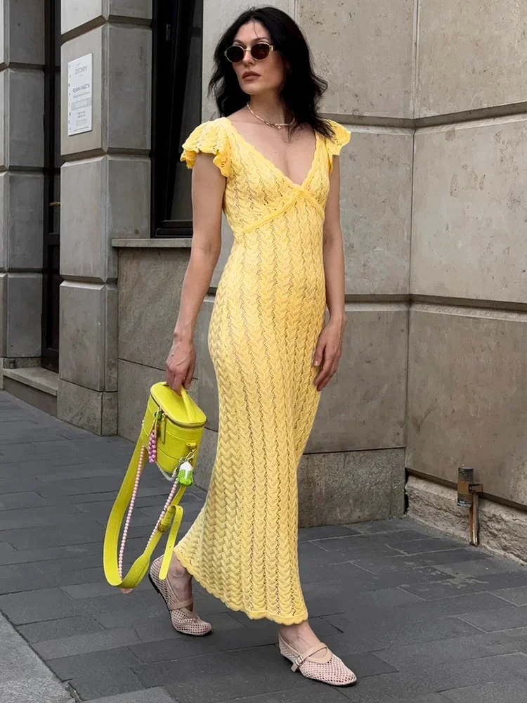 

Trendix Women's Knit Maxi Dress Summer Slim V Neck Ruffle Short Sleeve Long Dress Beach Party Boho Hollow Out Elegant Dresses