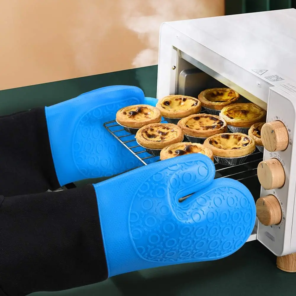 Luvas de Forno Extra Longas Resistentes ao Calor com Pegada Antiderrapante, Perfeitas para Assar, Cozinhar e Grelhar - 14,6 Polegadas Azul e Preto