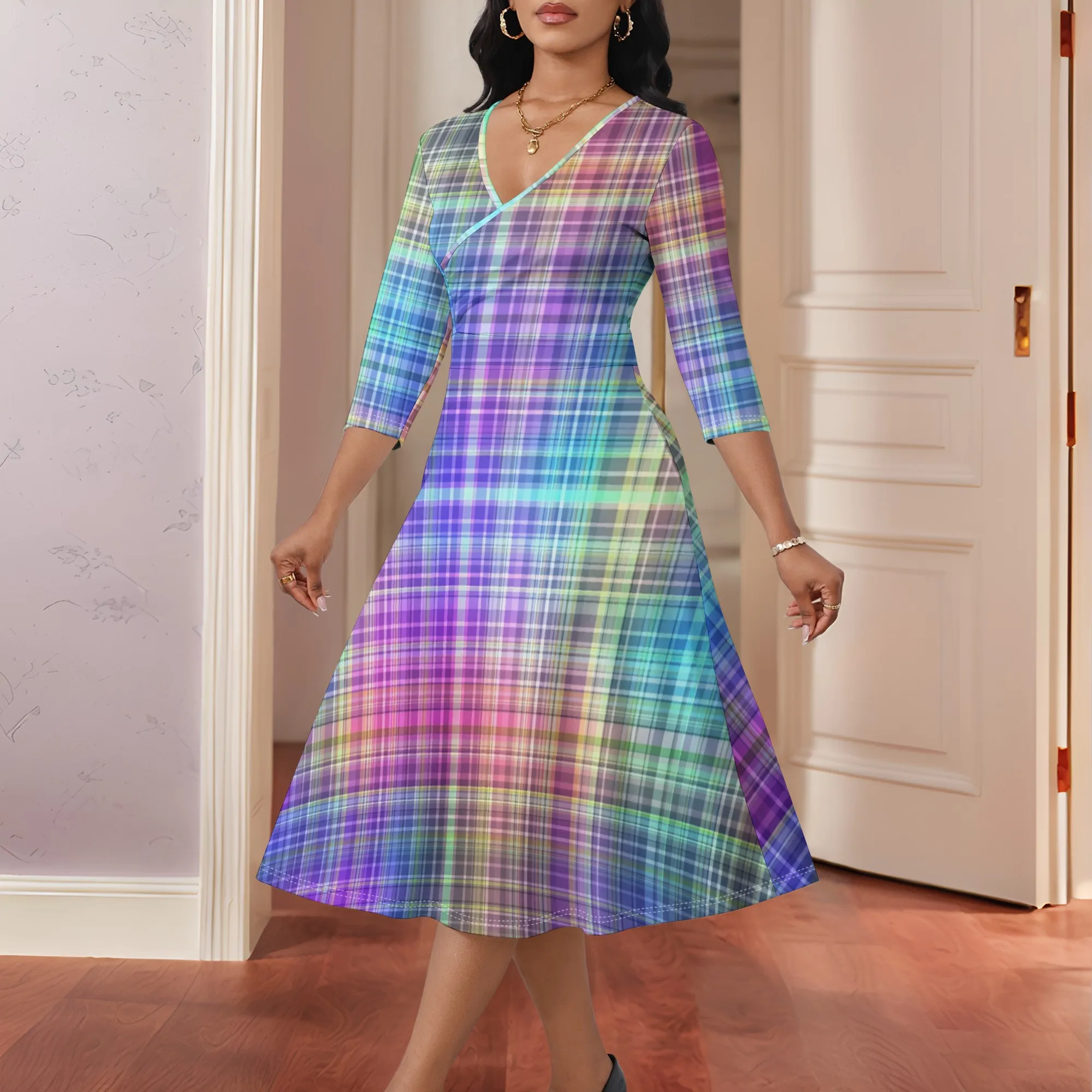

Women's Plaid A-line Dress Colorful Gradient Plaid Print V-neck 3/4 Sleeve Midi Dress Casual Summer Party Dress