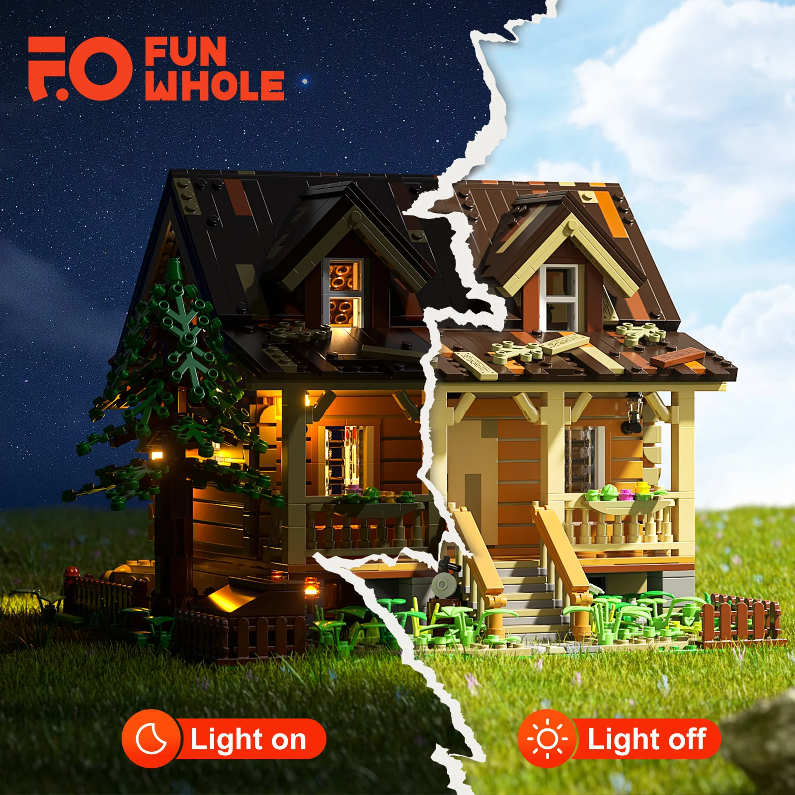 Funwhole Wood Cabin Set di blocchi modulari con Kit di luci a LED mattoni modello 2097 pezzi giocattoli da costruzione per bambini e adulti