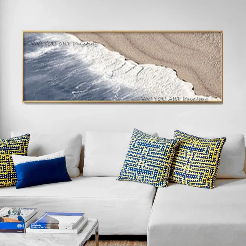 Fashion 100% Handmade Abstract Beach Oil Painting for Living Room Modern Painting Wall Decor Picture Sea Wave Room Art Gift