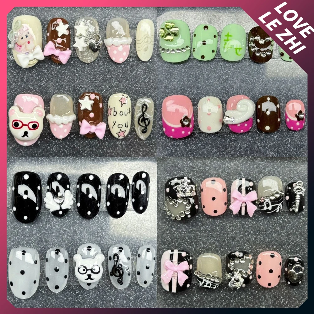 

10Pcs Long Coffin Handmade Cute Nail Party Sticker 3D Cartoon Five-Pointed Star Pearl Bow Diamond Reusable False Nails Girl Gift