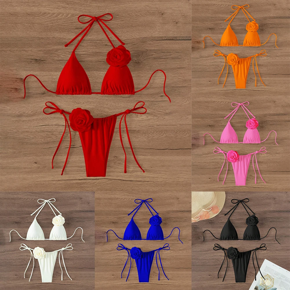 Women\'s Sexy Bikini Swimsuit Suit 3D Flowers Halter Strappy Bikini Swimwear Female Swimsuit 2pcs Bikini Set Bather Bathing Suit