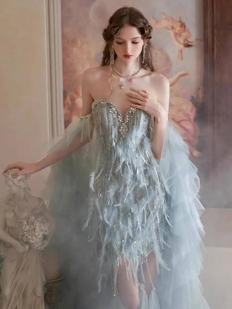 

Blue Feather Strapless Evening Dress For Women, High-End Party Princess Dress, Annual Meeting Engagement Bride Toast Dress