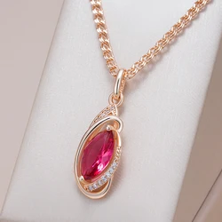 Kinel Hot Red Rhombus Natural Zircon Pendant Necklace for Women Fashion 585 Rose Gold Color Vintage Party Fine Daily Jewelry