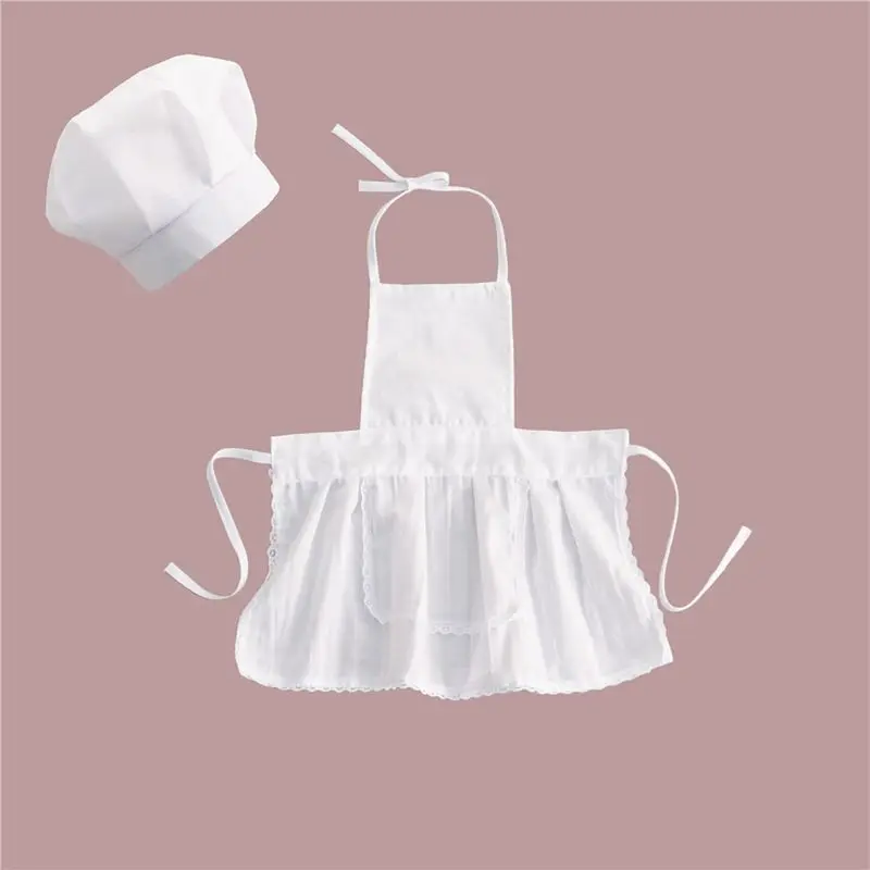 

2 Pcs Baby Chef Apron and Hat Infant Kids White Cook Costume Photography Prop Newborn Hat Apron