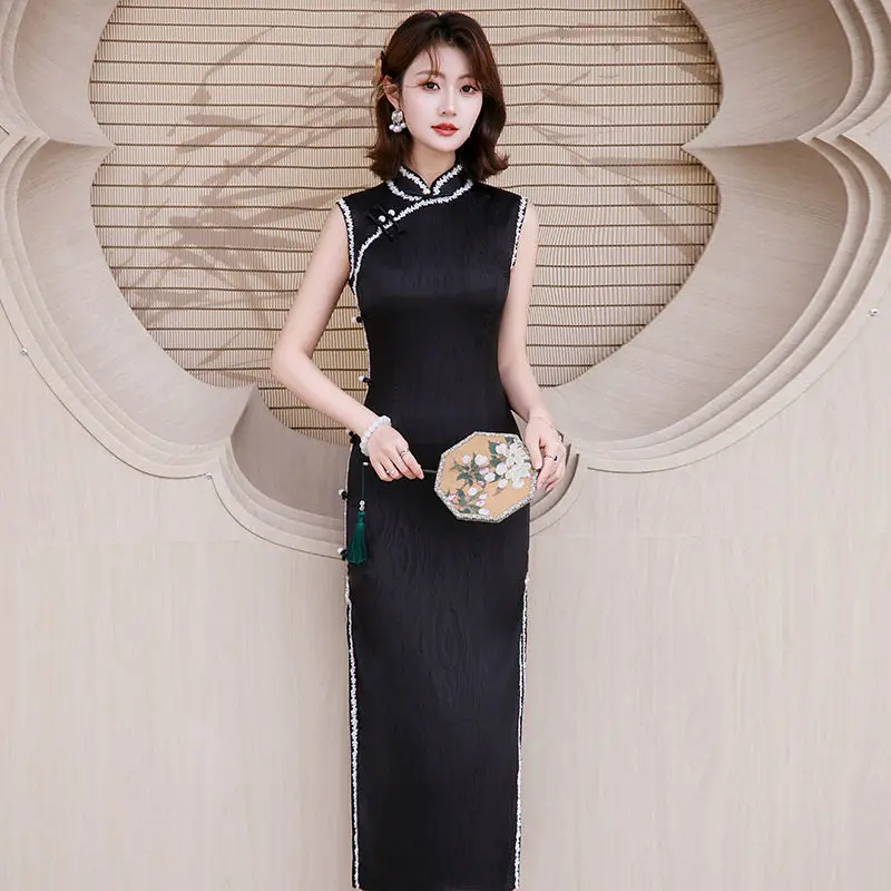 

Black Jacquard Sleeveless New Chinese Suzhou Long Cheongsam Female Qipao Spring/Summer Evening Dress