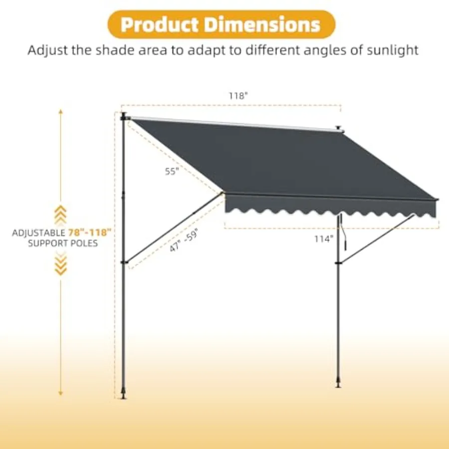 Manual Retractable Awning for Patios, Balconies, Backyards Aluminum Frame, Beige Fabric, Angle Height Adjustable, No-Drill Cran