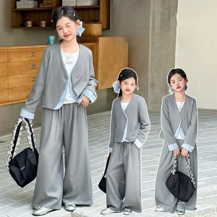 

vetement enfant fille teen girls suit set Color blocked suit jacket+wide leg pants 2 junior kids gray clothes sets child outfits