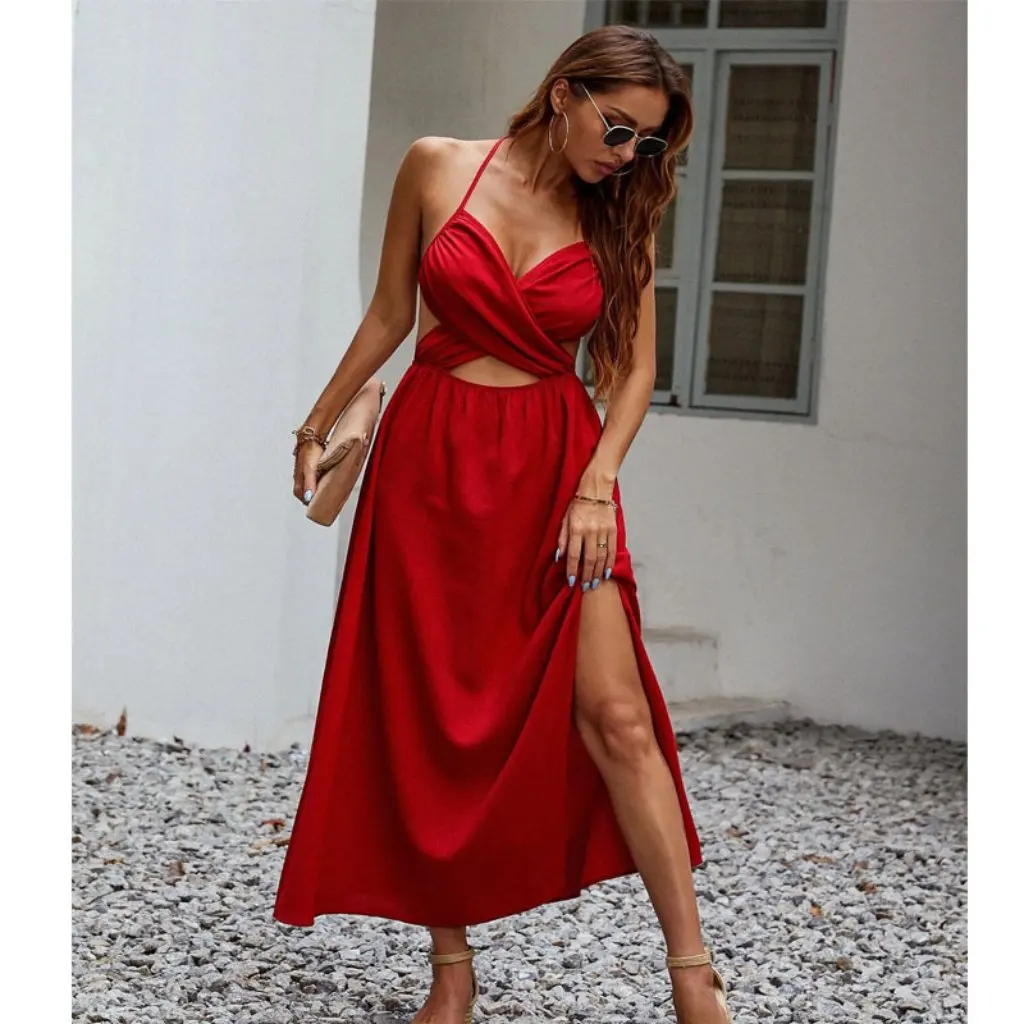 Sommer Europäisch Amerikanisch Retro Französisch Satin Rückenfrei Abschlussball Meer Urlaub High-End Sexy Kleid Damenmode
