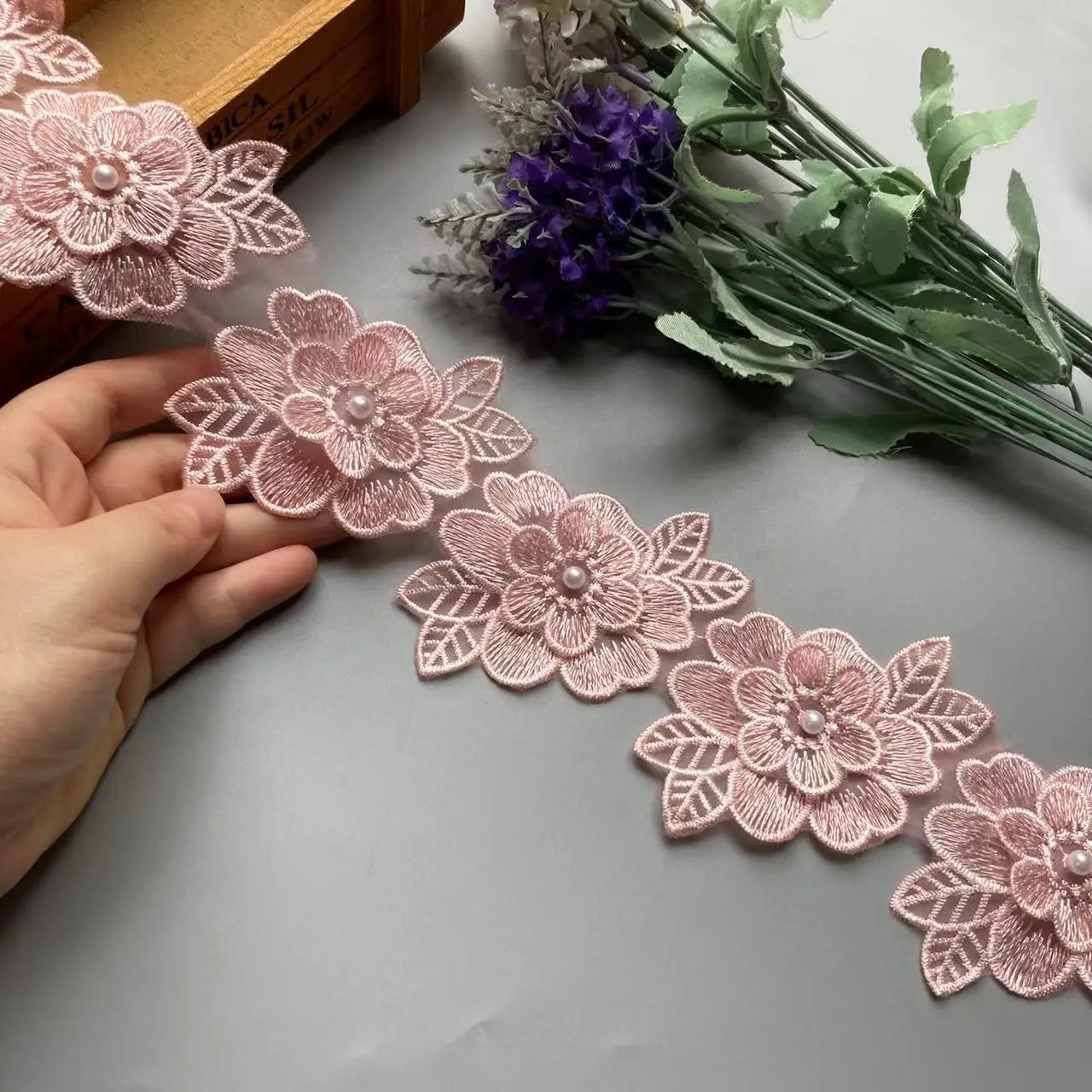 1 yard Vintage Pink Polyester Pearl Flower Embroidered Lace Trim Ribbon Fabric Handmade DIY Garment Wedding Dress Sewing Craft