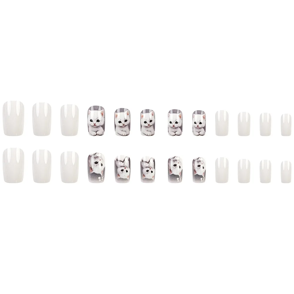 24개입 프레스온 네일 귀여운 고양이 만화 애완동물 디자인 고양이 인조 손톱 세트 카와이 동물 네일 아트 장식 DIY 매니큐어