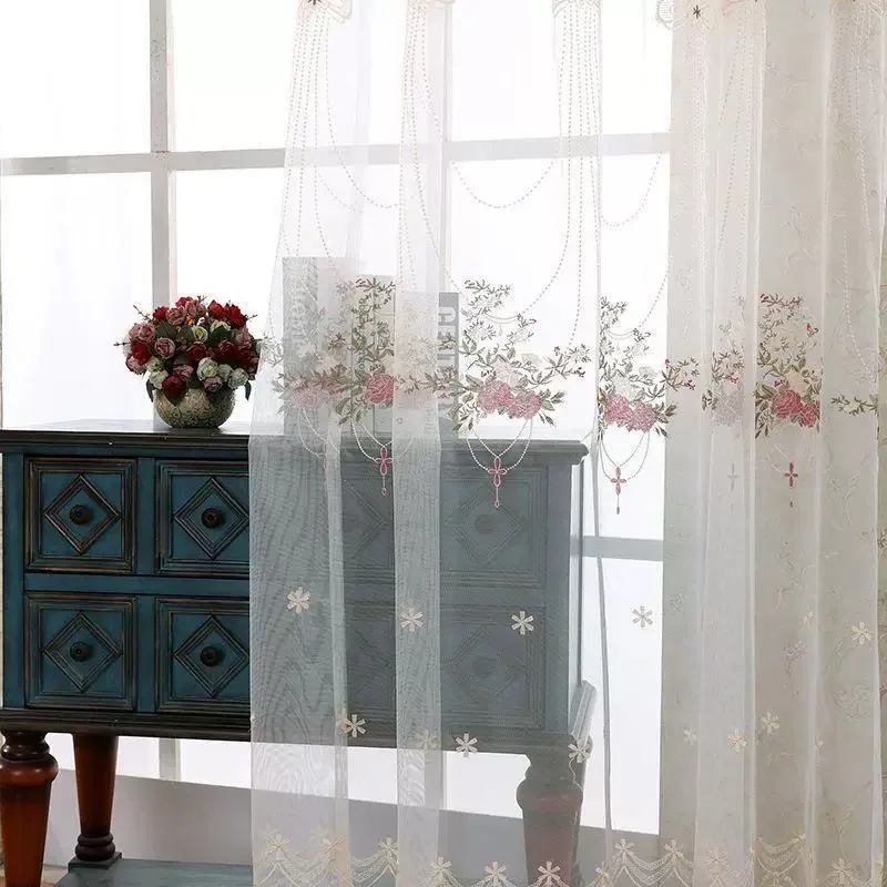 

European Embroidery Flowers Pink Transparent Sheer Curtains for Living Room,Tulle for Bedroom Balcony, Window Curtain Decoration
