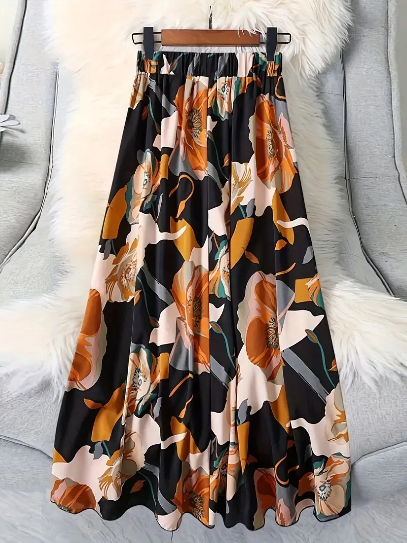 2025 New Micro Transparent Elastic Waist Printed Long Skirt Fashion Commuter Simple Versatile Skirt Umbrella Skirt