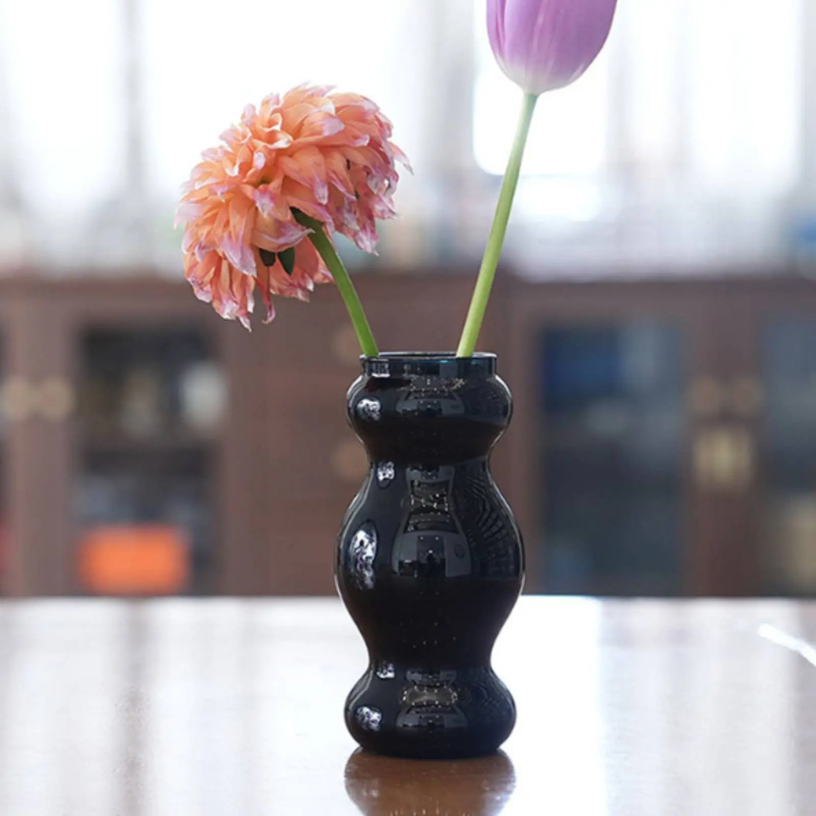 Ringed Glass Vase Sleek Mouth Curvy Colored Glass Vase Single Stalk Flower Holder Hand Blown for Desktop, Desktop