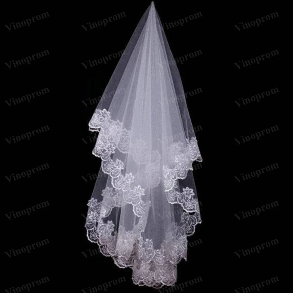 White Cathedral Wedding Veils Short One Layer Bridal Appliques Lace Edge No Comb Accessorie