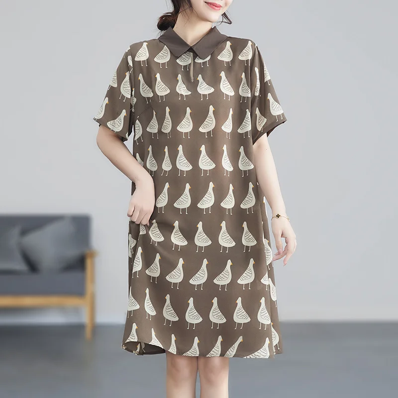 #3450 Summer 2023 Printed Shirt Dress Women Polo Collar Loose Vintage Chiffon Dress Short Sleeve Knee-length Retro A-Line Dress