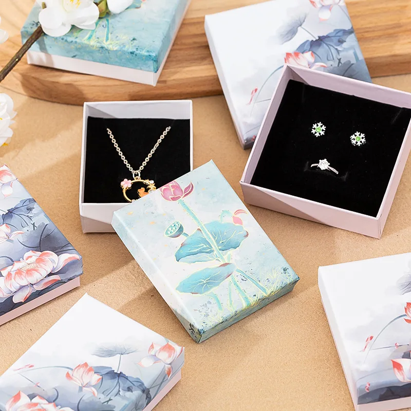 12pcs Chinoiserie Lotus Gift Box Jewelry Necklace Earrings Display For Wedding Valentine's Day Favors Packaging Case