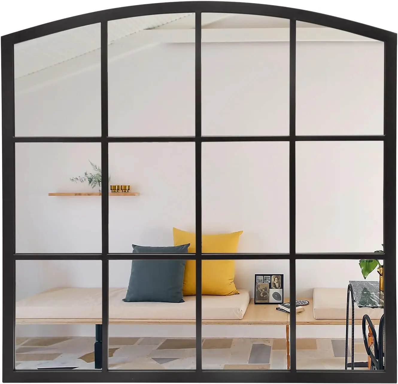 36 Inch Arched Window Mirror, Matte Black Metal Frame Decorative Mirror, Grid Wall Mirror for Living Room, Bedroom, Entryway