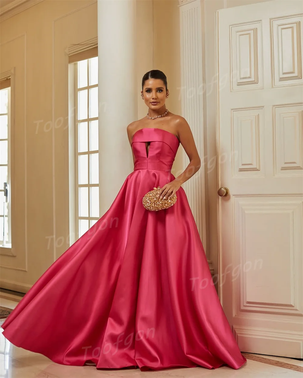 Toofgon rosa quente sem alças vestidos de noite personalizado drapeado cetim a linha formal vestidos de baile espartilho volta vestido de ocasião especial