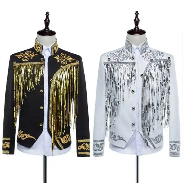 Men Stand Collar Stage Jacket Embroidery Sequin Tassel Cropped Coat Music Concert Performance Party Formal Show Costume Custom