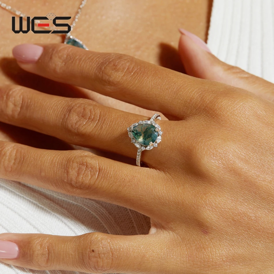 WES 925 Sterling Silver Natural Unique Green Moss Agate Ring for Woman Waterdrop Jewelry Wedding Gift Box Engagement Wholesale