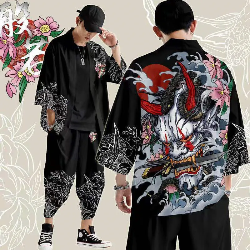 

XXS-6XL Invincible Demon Printing Japanese Style Fashion Kimono And Pants Set Men Cardigan Blouse Haori Obi Asian Clothes