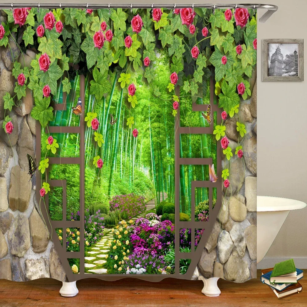 3D Printed European Rural Garden Flowers Scenery Shower Curtain With Hook Bathroom Waterproof Shower Curtain Home Decor Curtains