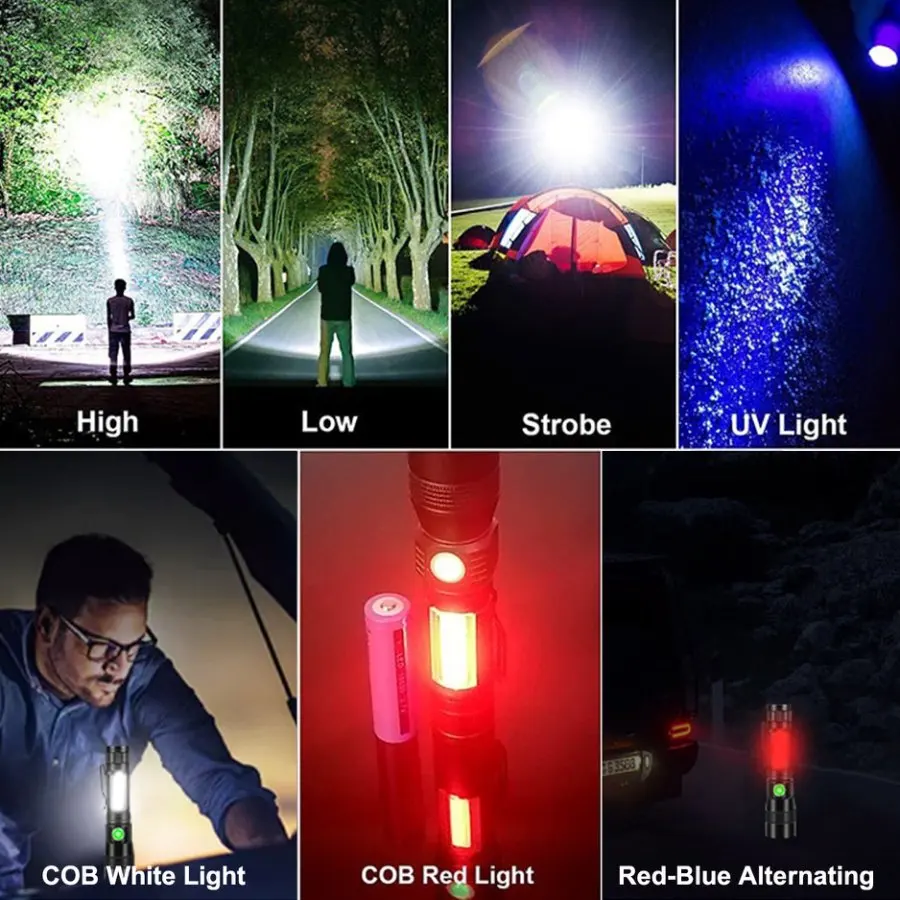 Super Bright Red/White/UV Light LED Flashlight 7 Modes Type-C USB Rechargeable Multifunctional Magnetic Work Lamp Portable Torch