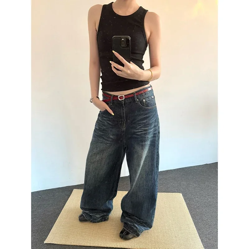 Jeans a gamba larga lavati larghi vintage anni 2000 Pantaloni casual Harajuku retrò americani da donna Pantaloni larghi in denim blu Y2K