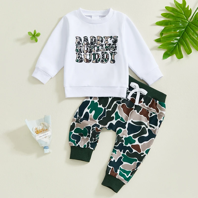 Baby Boy Outfit Letter Print Long Sleeve Sweatshirt and Elastic Camouflage Pants 2 Piece Jogger Clothes for Toddler